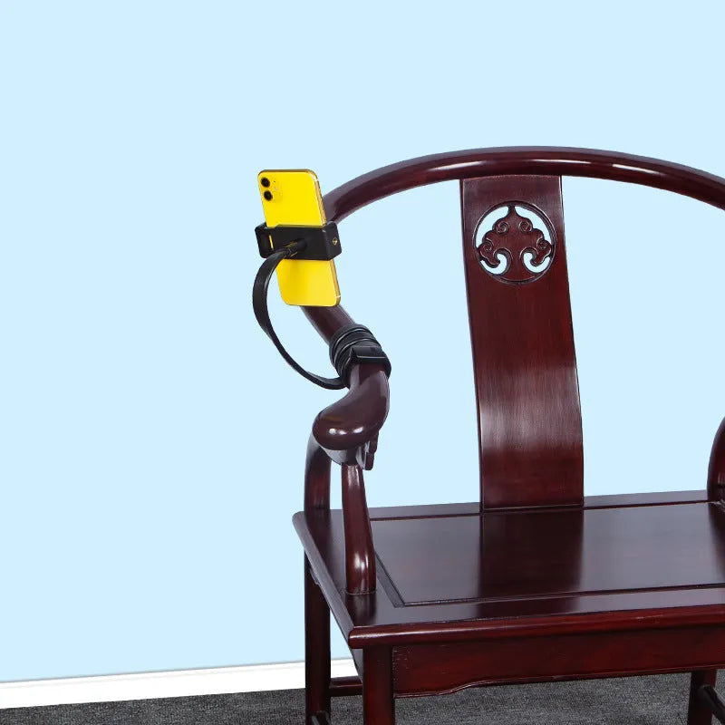 Black flexible silicone hose phone holder with aluminium and ABS parts and a double-hole mobile phone clip.