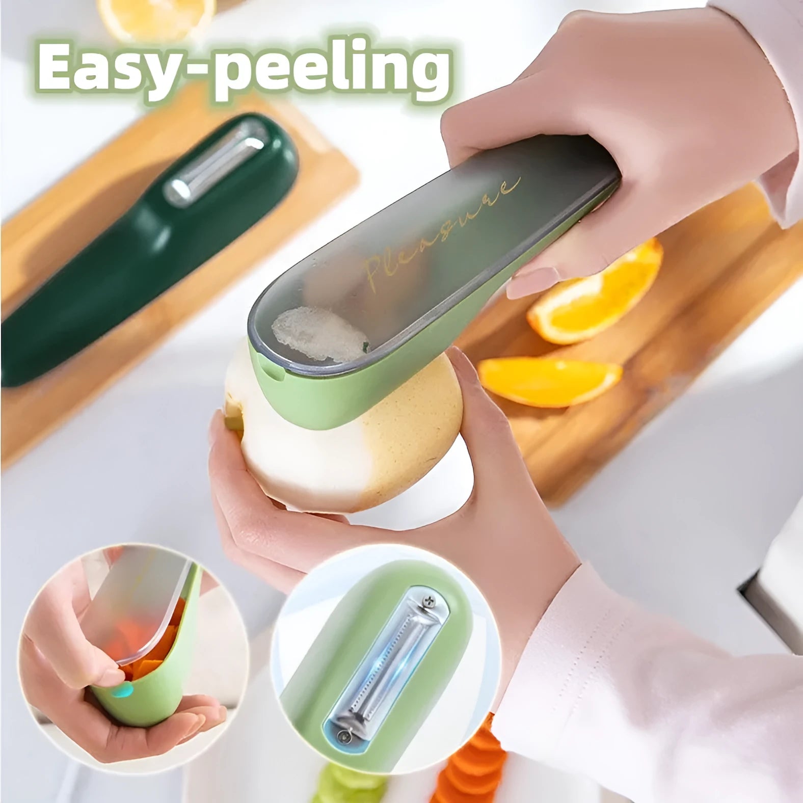 Dark green kitchen peeler with storage tube showing stainless steel blade and hanging hole