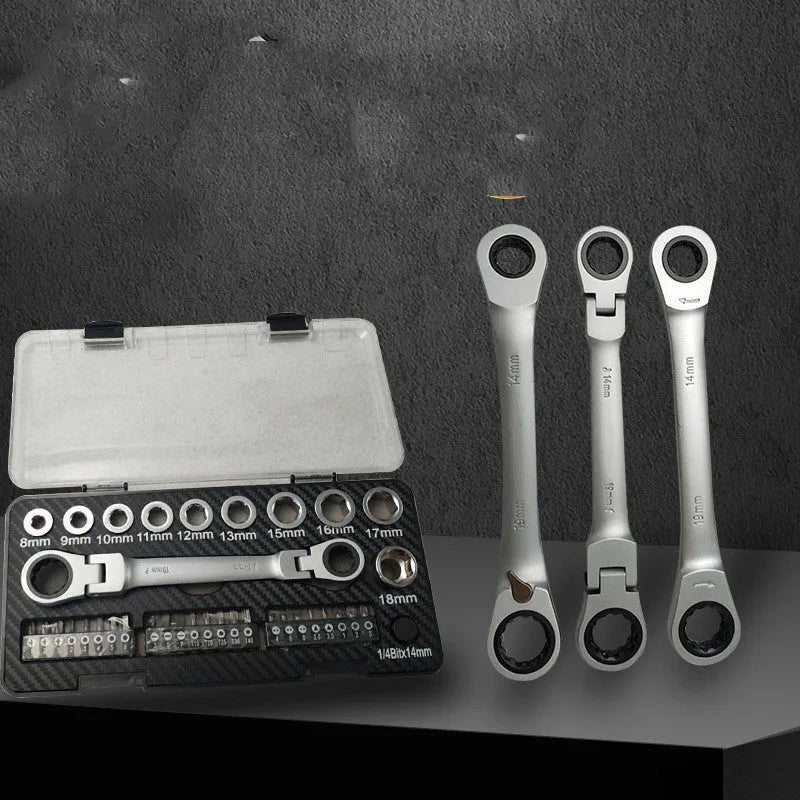 Dual-purpose ratchet wrench and screwdriver set with sockets and bit heads on a white background.