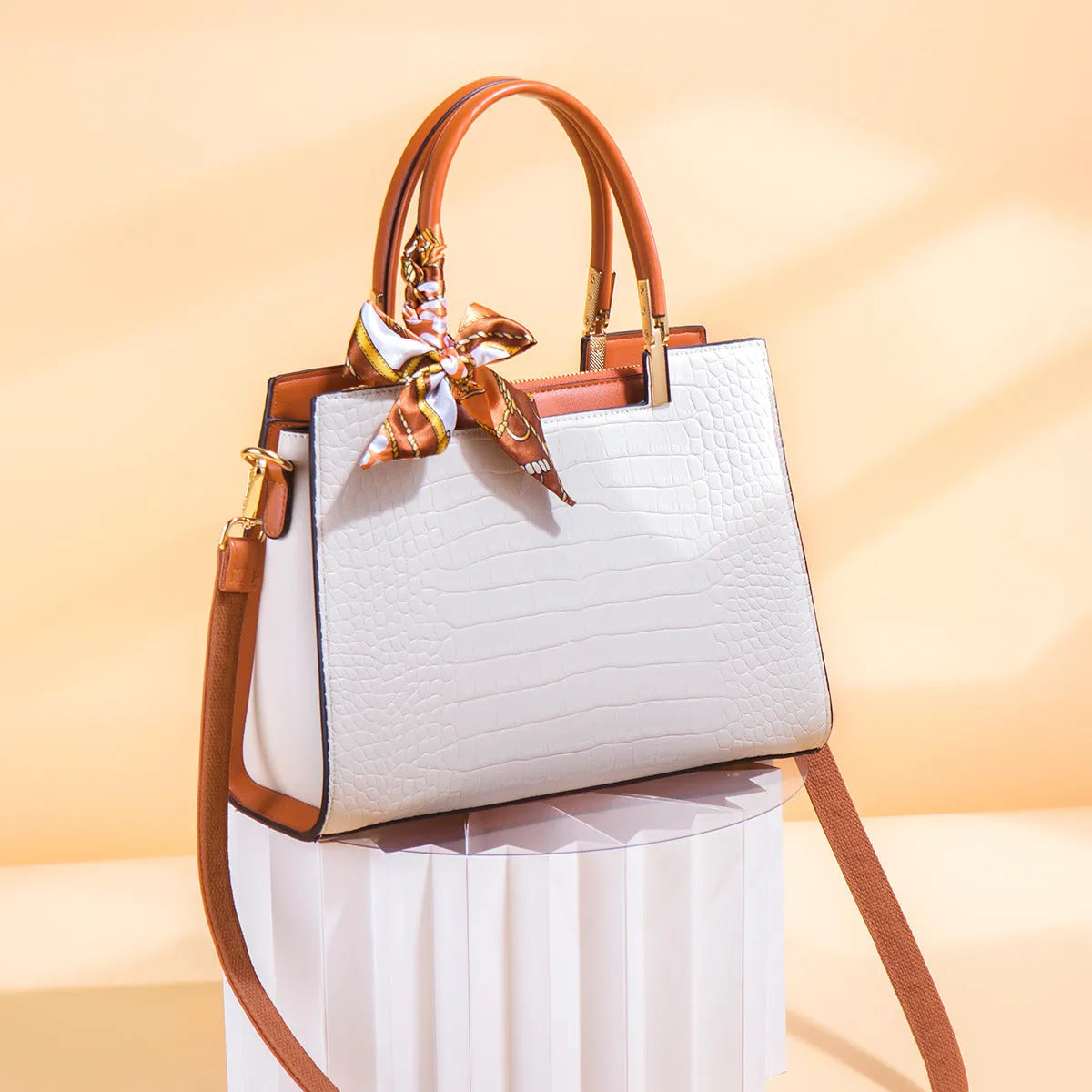 Milky white women's shoulder handbag with multiple internal compartments and urban simplicity style