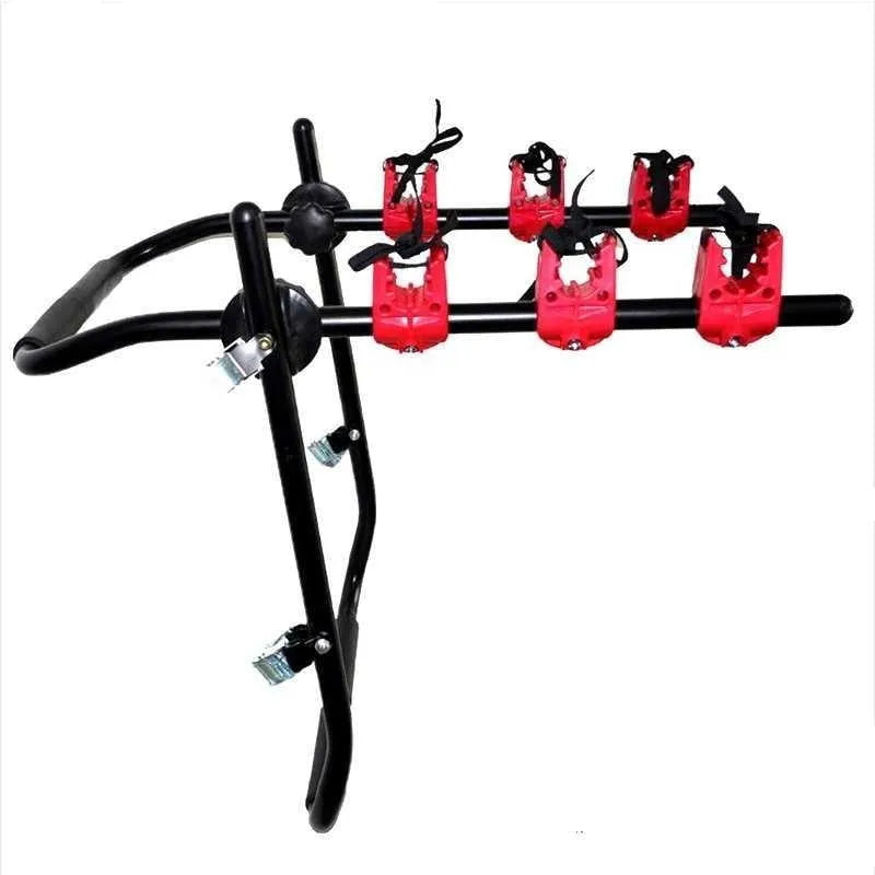 Black and red iron frame bike rack with straps for car boot mounting.