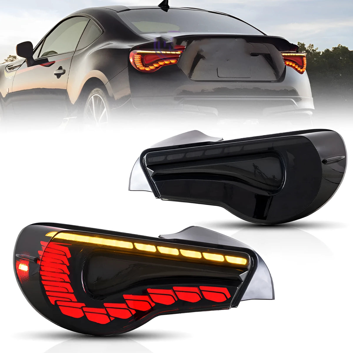 Red and black car tail light with ABS housing and LED, 25W, 490x350x222mm