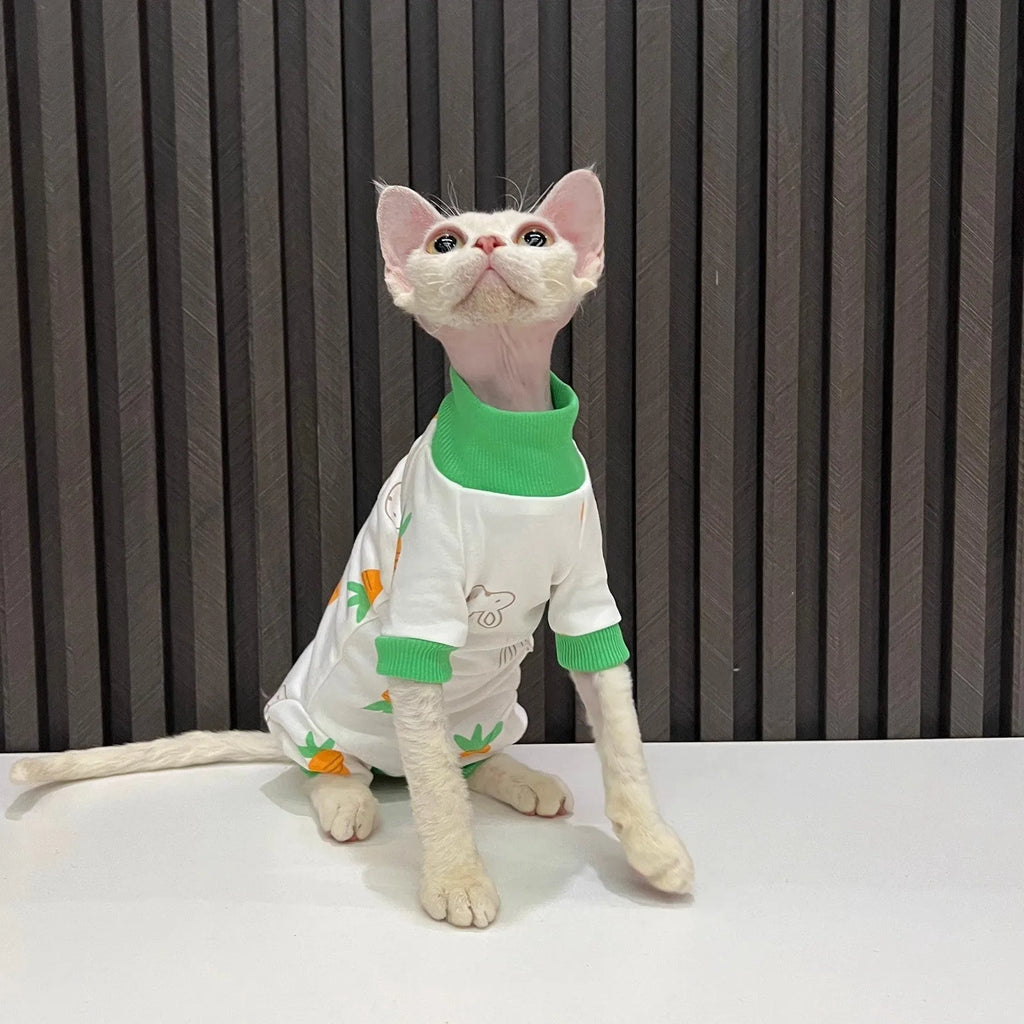 Hairless cat wearing all-inclusive sleeved polyester pet clothing in 2502 Carrot colour, cartoon style.