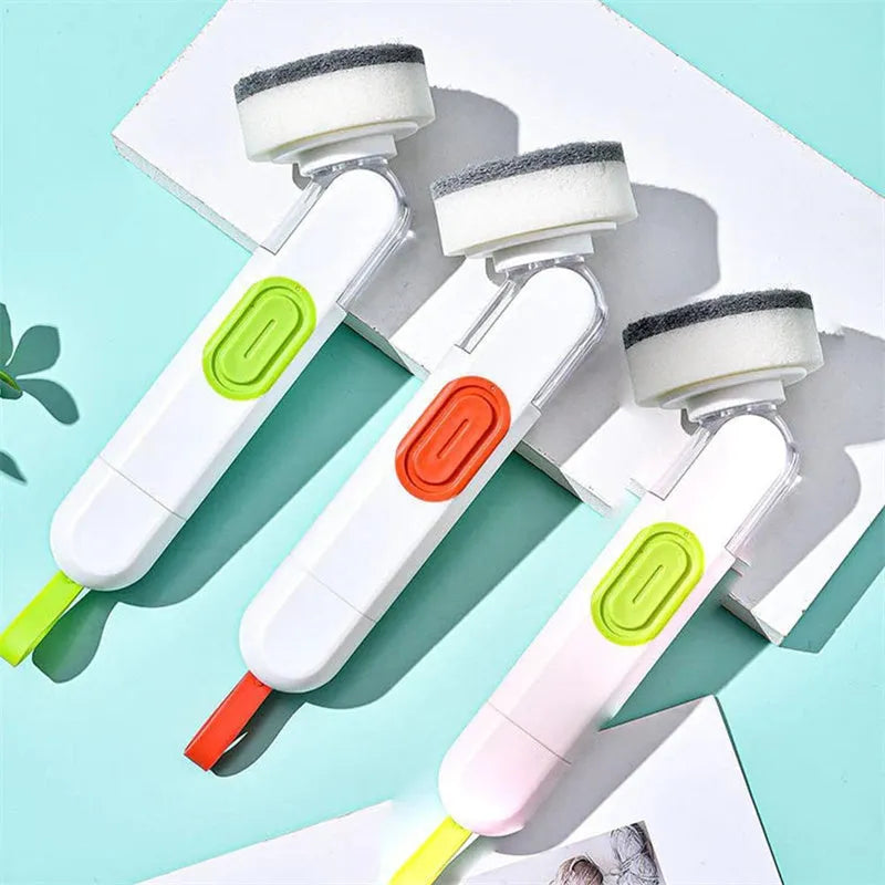 White and red long-handle cleaning brush with liquid dispenser and two brush heads for kitchen use