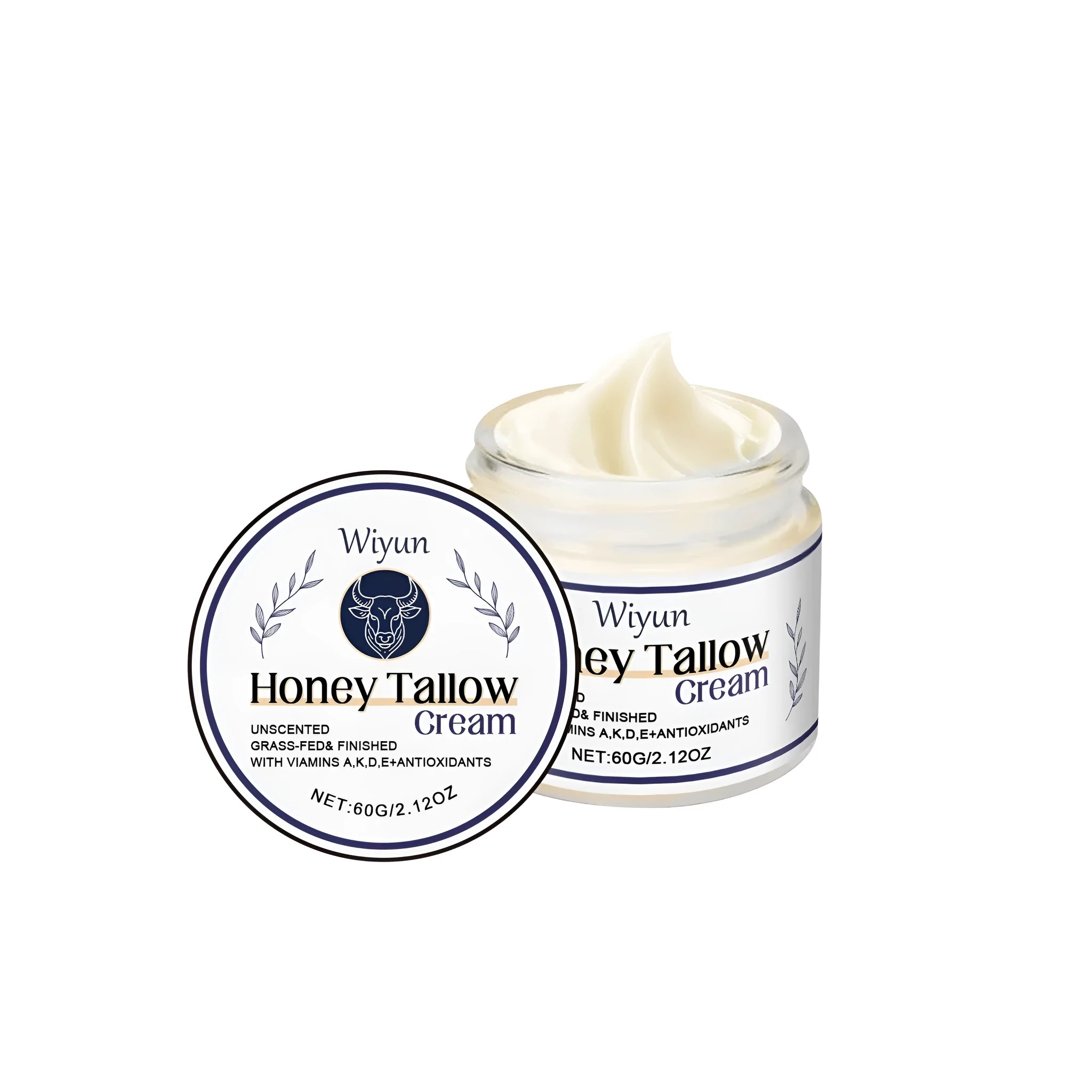 A 60g jar of cow fat moisturising cream with ingredients glycerin, honey, and vitamins.