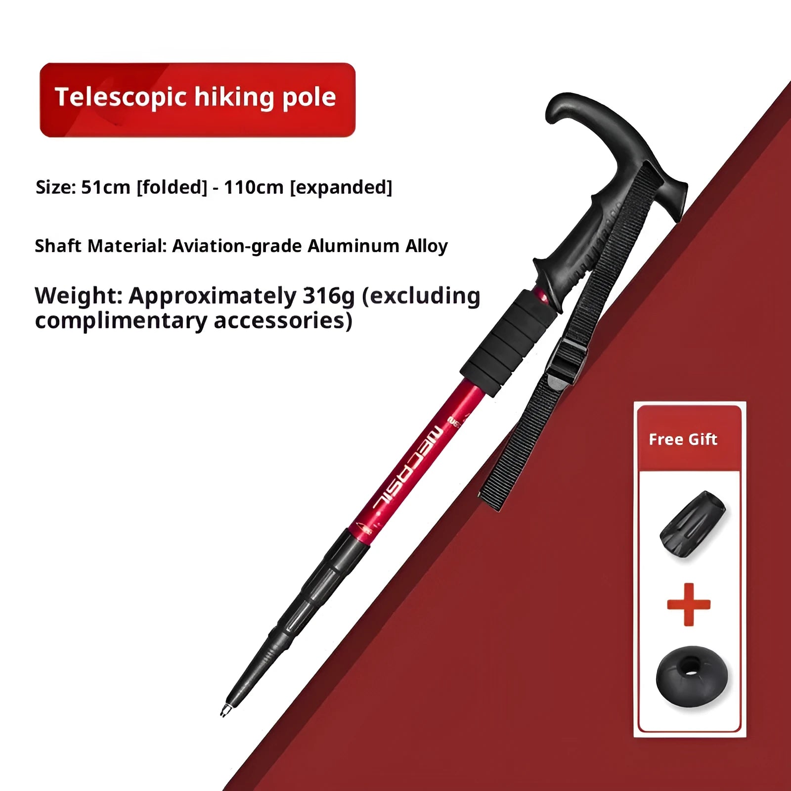 Silver four-section aluminium alloy alpenstock with curved handle, extended to full height on outdoor trail