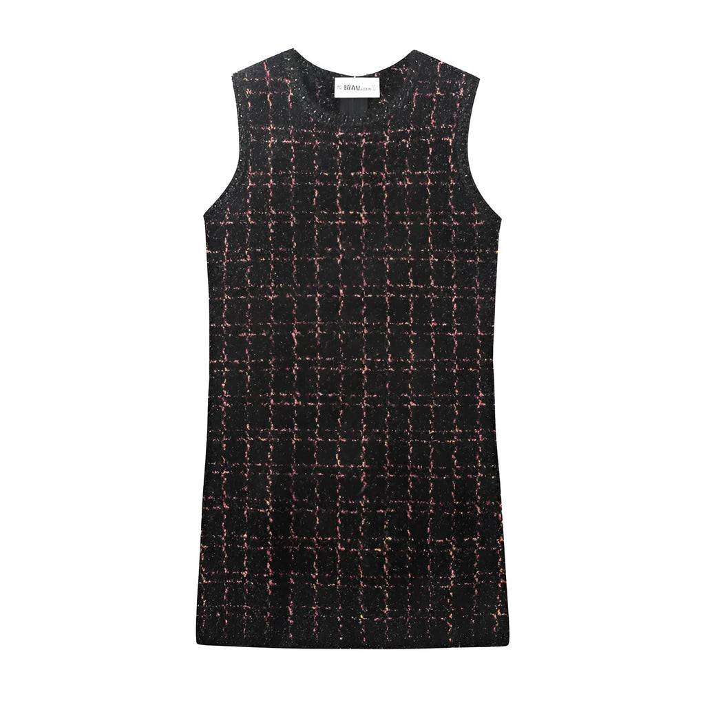 Women's slim-fit texture knitted mini dress with asymmetric hem, pleated hooded design, striped plaid pattern, in picture colour