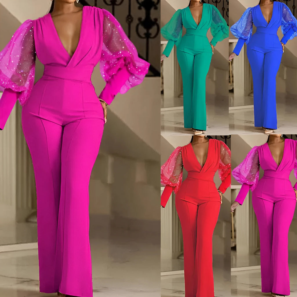 Red women's jumpsuit with mesh stitching on long sleeves, slim waist, and wide-leg trousers.