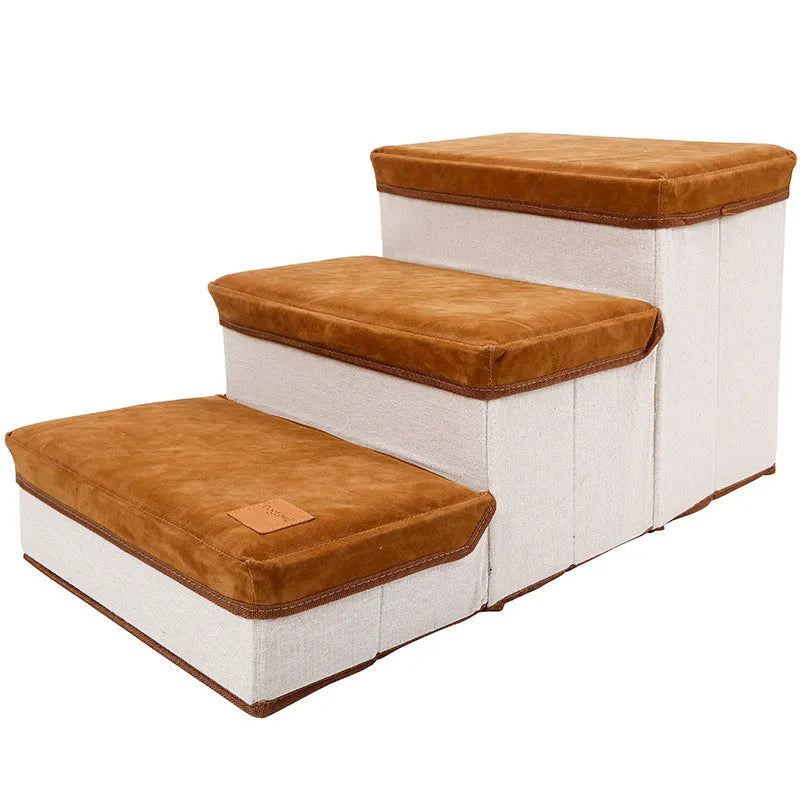 Foldable pet dog stairs in brown flannel and cotton with a cloth storage box on a wooden floor