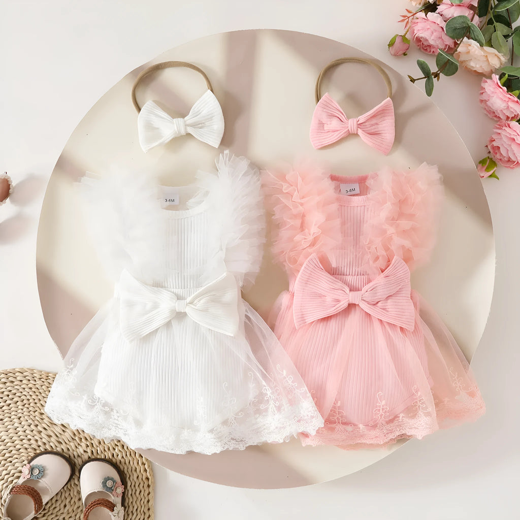 Baby sleeveless leotard bodysuit with bow and hairband, knitted polyester, white or pink, sizes 0-3M to 12-18M
