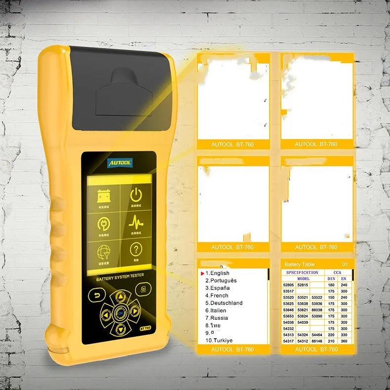 Autool BT760 vehicle battery tester with colour screen, connection clips, and thermal printer.