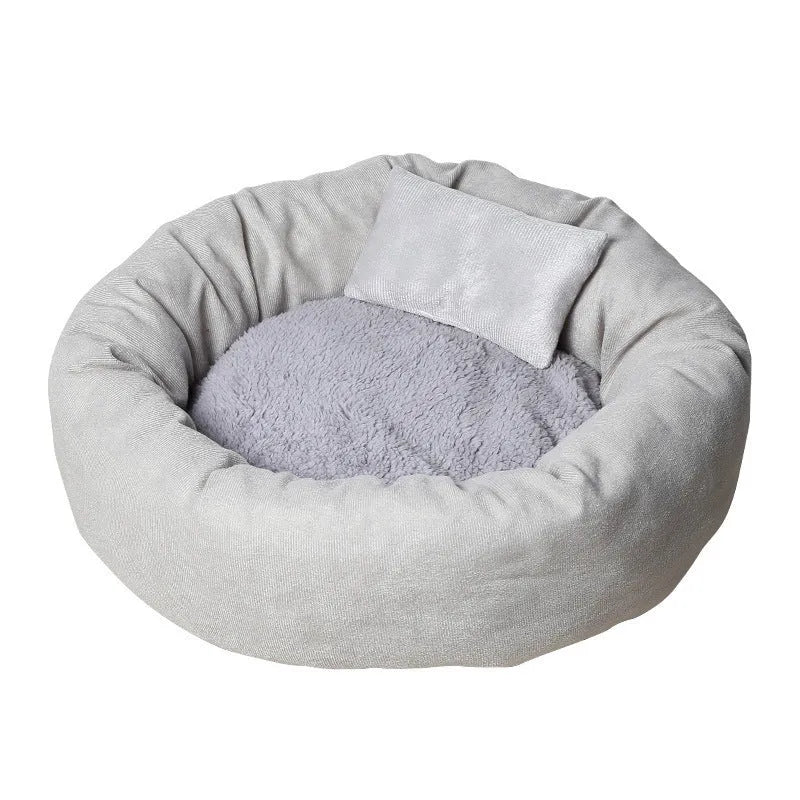 Winter warm PP cotton filled dog pet bed in light grey showing circular shape and soft texture with optional pillow