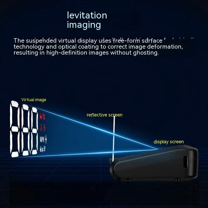 Black car head up display unit with 2.0 inch screen, showing OBD connection cable.