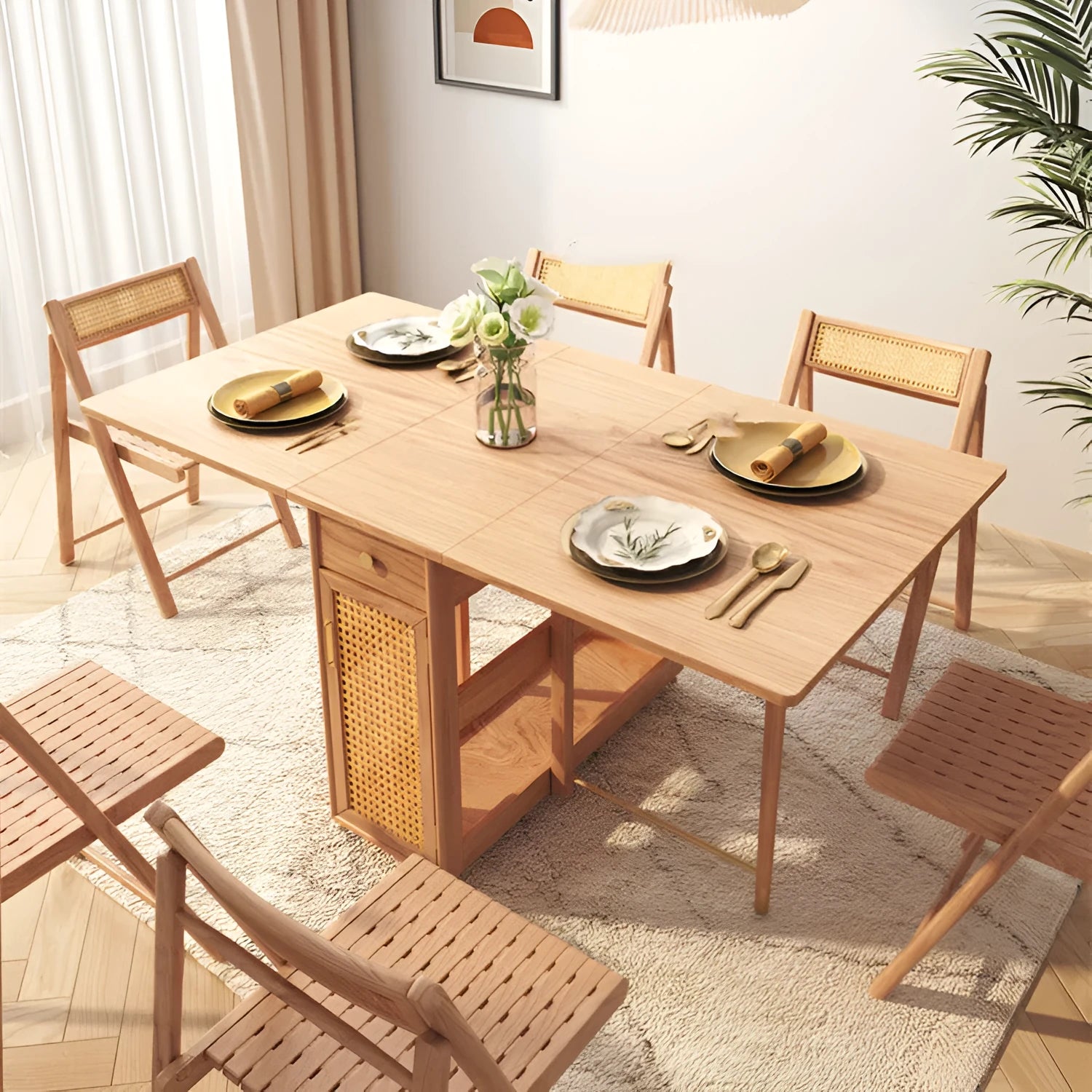 Home Multifunctional Rattan Log Folding Dining Table in original wood colour, folded for storage