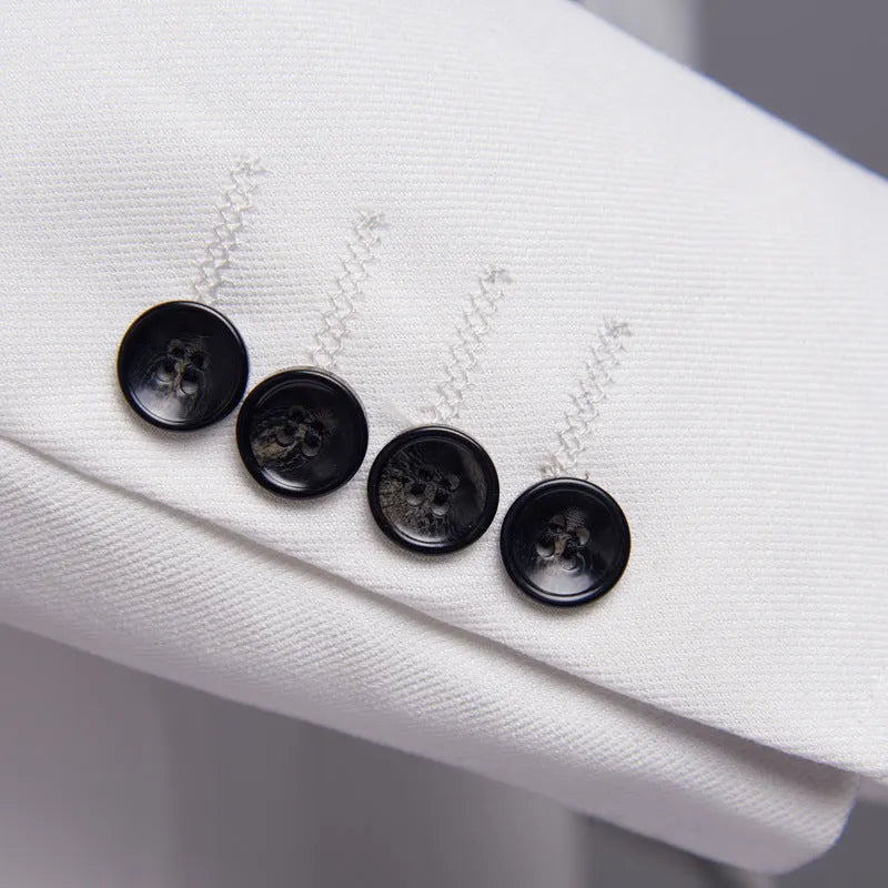 Men's three-piece polyester suit set in white, including jacket, trousers, and vest, on a hanger.