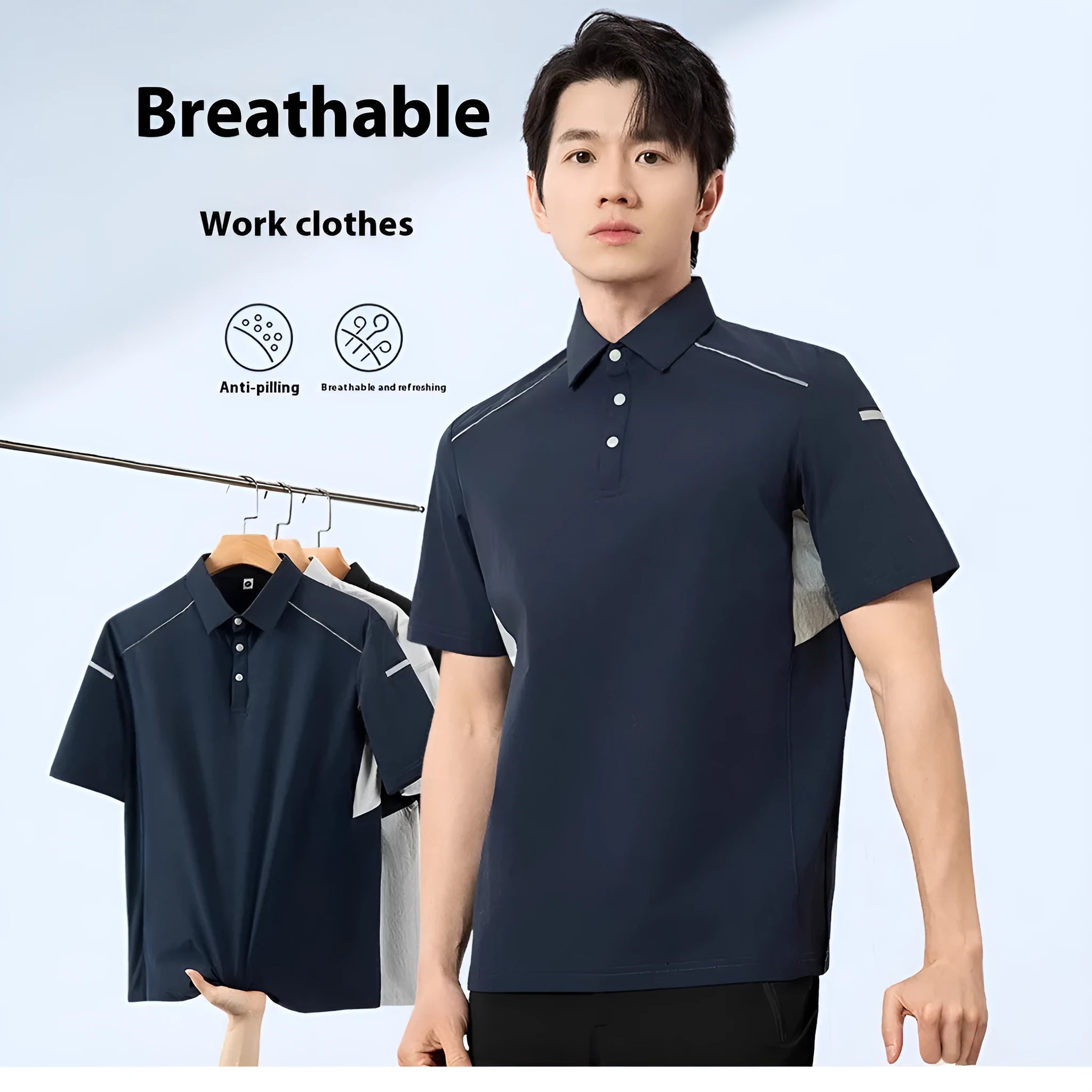 Men's silver grey quick-dry short sleeve work shirt with pencil case sleeves on a hanger.