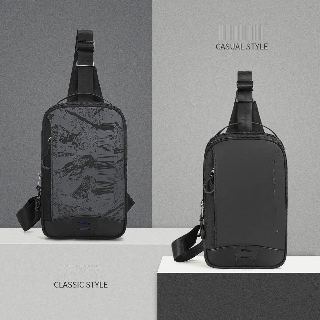 Casual black TPU camouflage print chest bag with adjustable strap, shown in a square vertical shape.