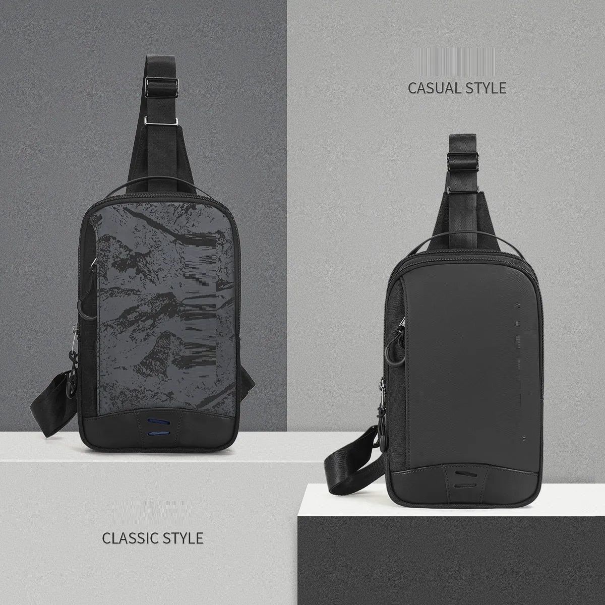 Casual black TPU camouflage print chest bag with adjustable strap, shown in a square vertical shape.