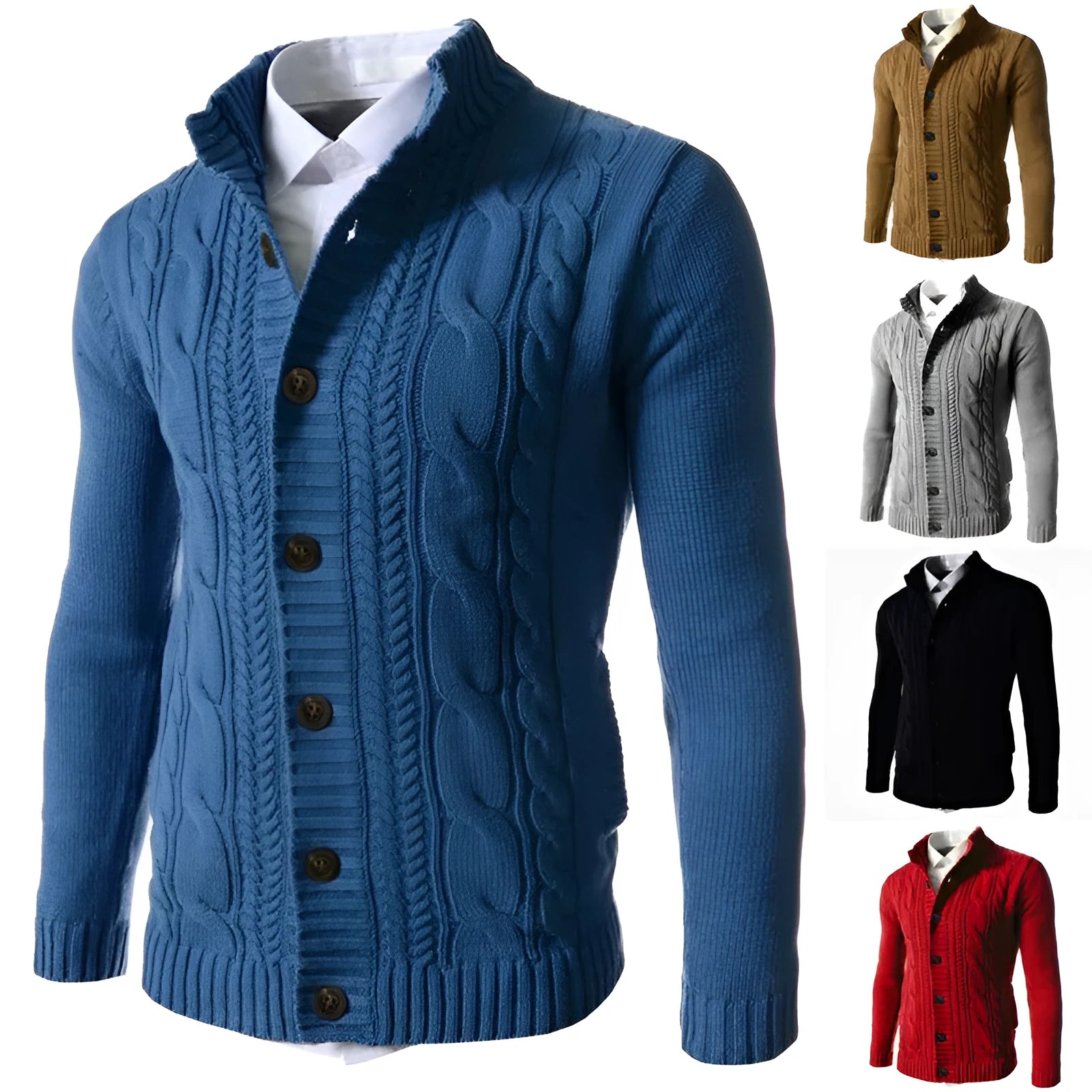 Men's stand collar acrylic knit button cardigan in black, long sleeves, ribbed hem, winter casual wear