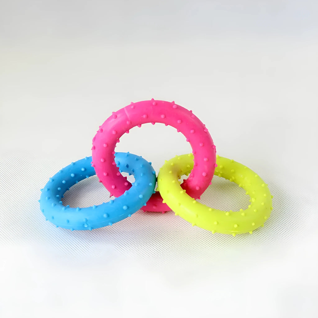 Blue TPR rubber dog toy shaped like a three-link chain for chewing and dental care