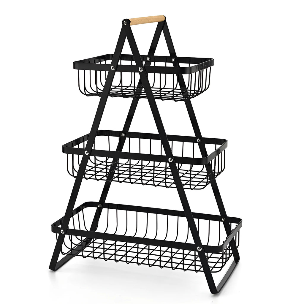 Black iron double-layer fruit basket with wooden handle, shown detached into two separate baskets