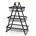 Black iron double-layer fruit basket with wooden handle, shown detached into two separate baskets
