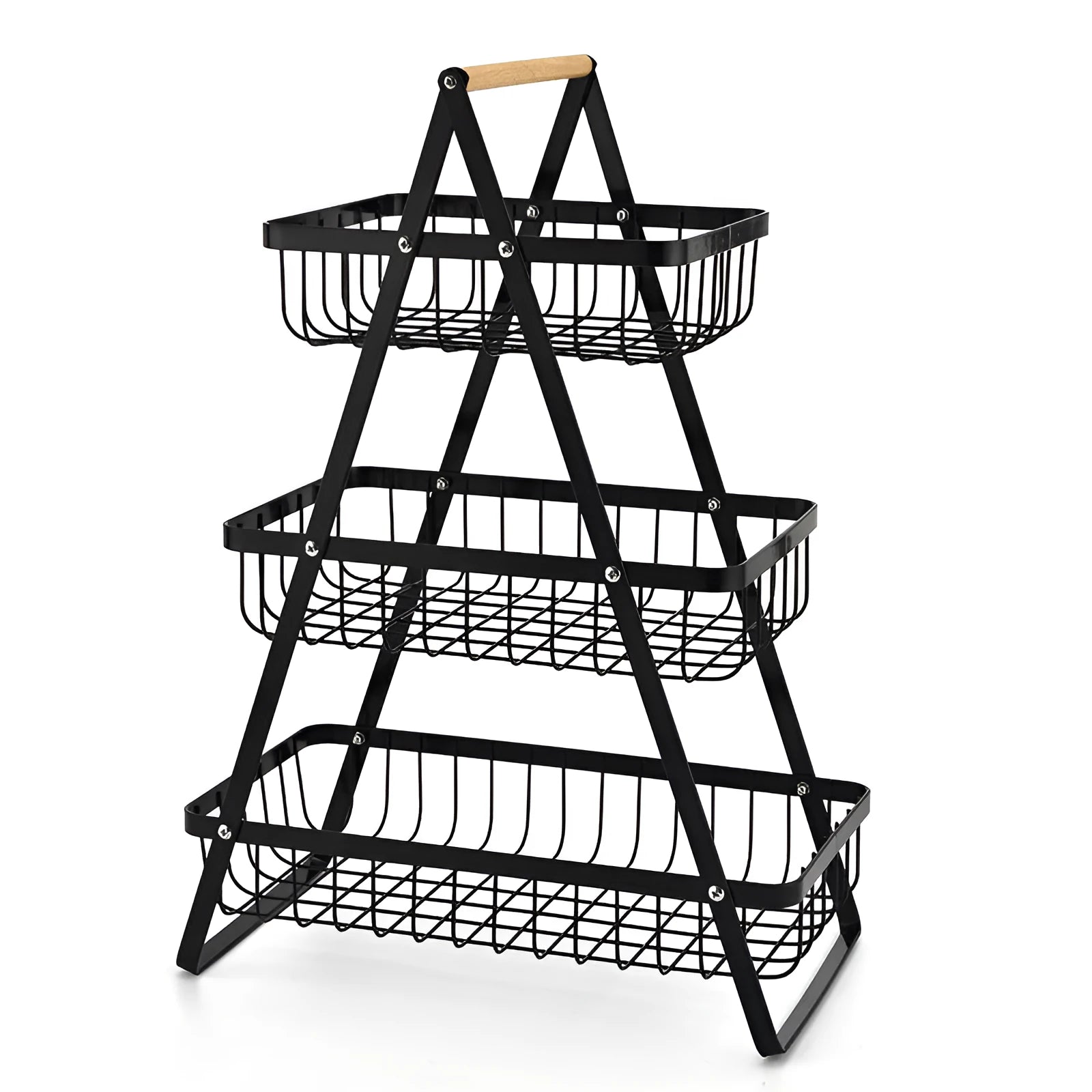 Black iron double-layer fruit basket with wooden handle, shown detached into two separate baskets