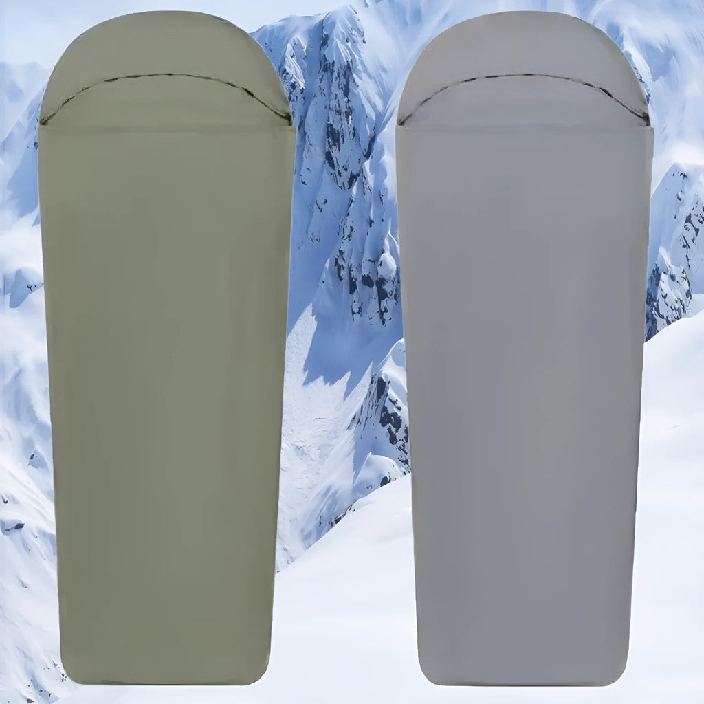Blue mummy-style camping sleeping bag made from matte nylon fabric, shown rolled and unrolled.