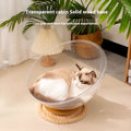 Transparent acrylic space capsule-shaped cat bed on a turntable base.