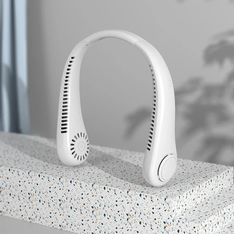 Blue bladeless USB rechargeable neck fan hanging on a person, showing the flexible neckband.