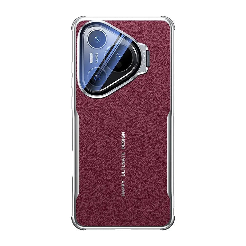Huawei Pura series leather phone case in black with an invisible kickstand bracket deployed.