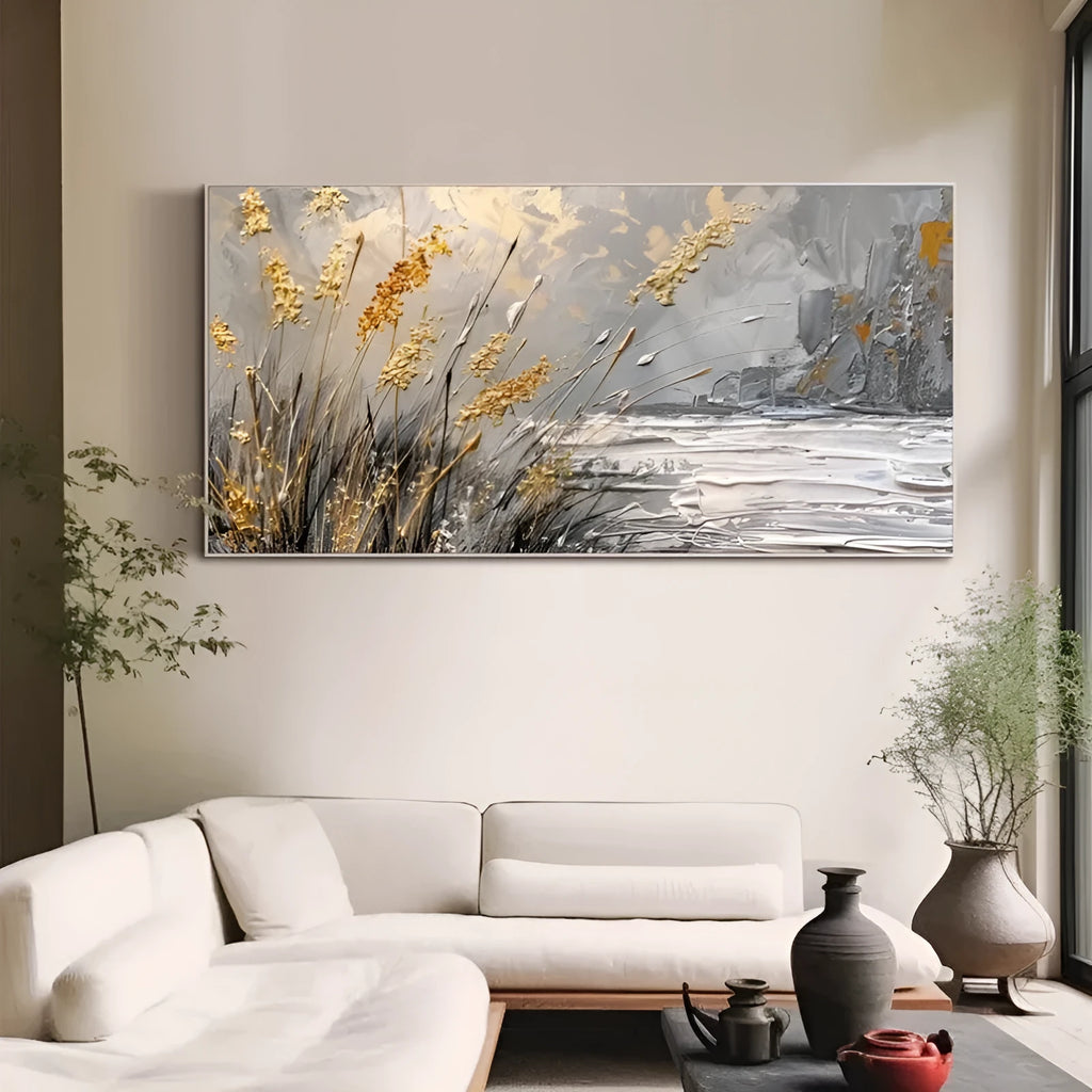 Hand painted abstract lake reed landscape oil painting on canvas, contemporary style, horizontal orientation, available in multiple sizes