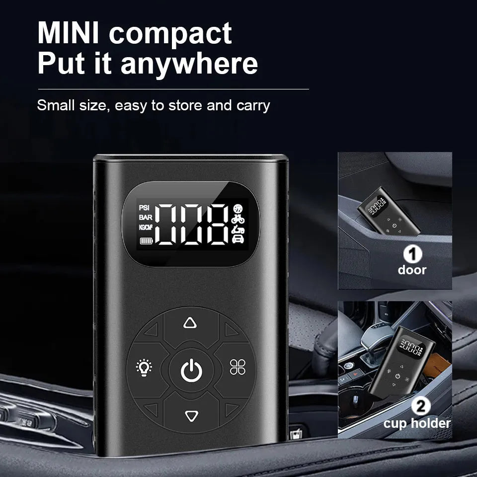 Black portable power bank tyre inflator with USB cable on a grey background.