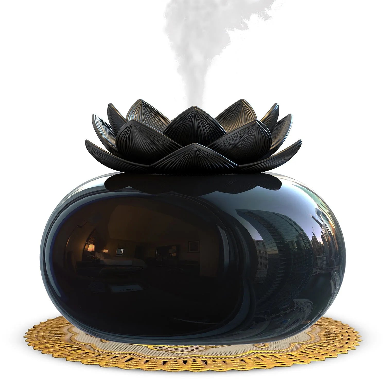 Round pure black lotus aromatherapy ultrasonic humidifier with USB cable.