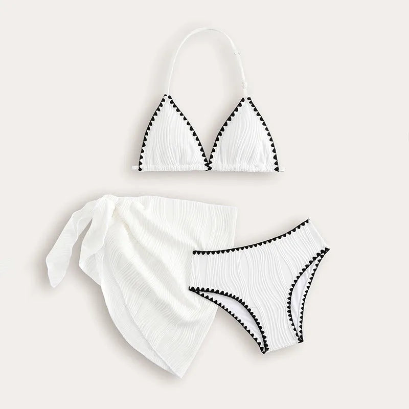 Girls white three-piece solid colour swimsuit set top pants and skirt for beach pool ages 8 to 12
