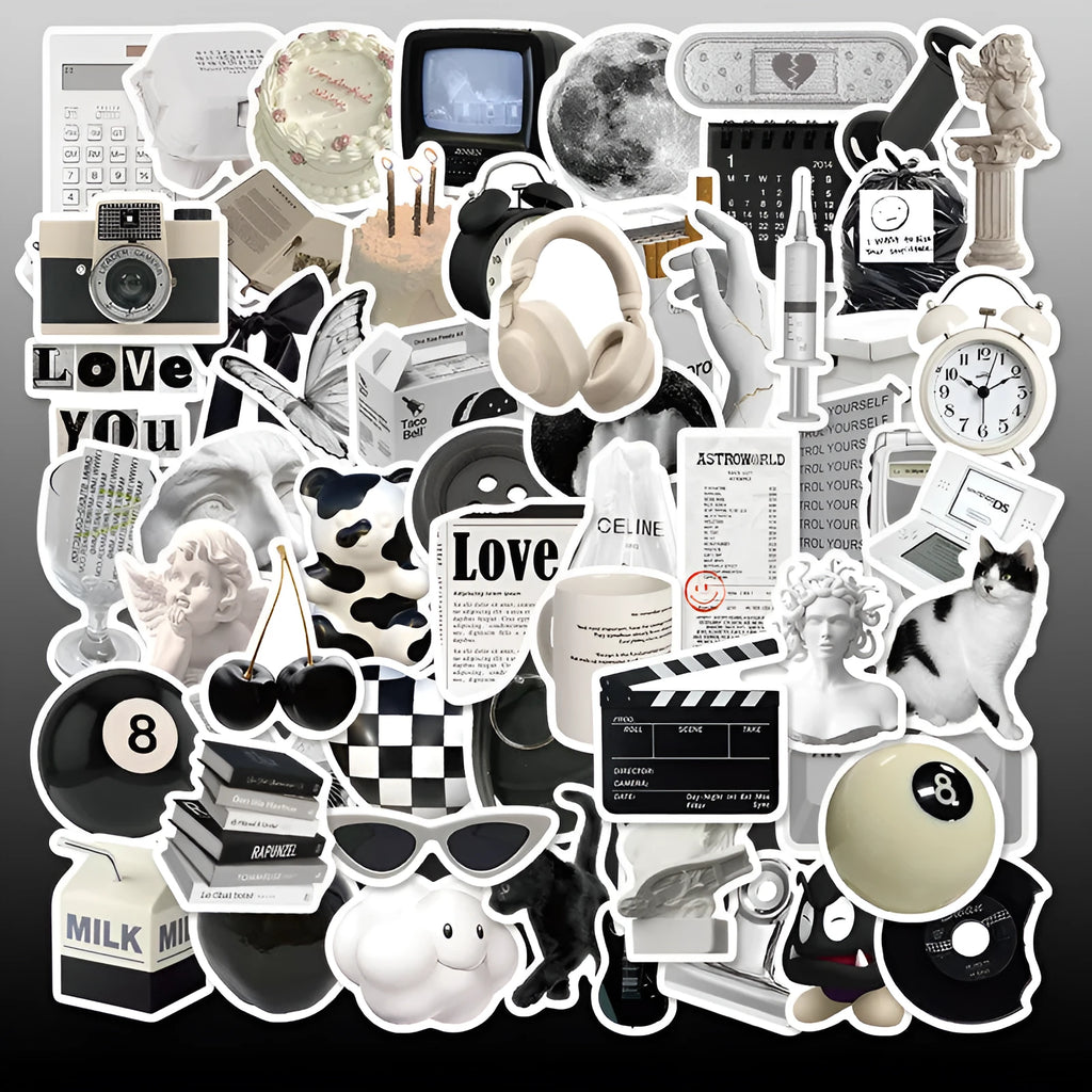 Set of 61 black and white waterproof PVC stickers for laptops, phones, luggage, and other personal items.