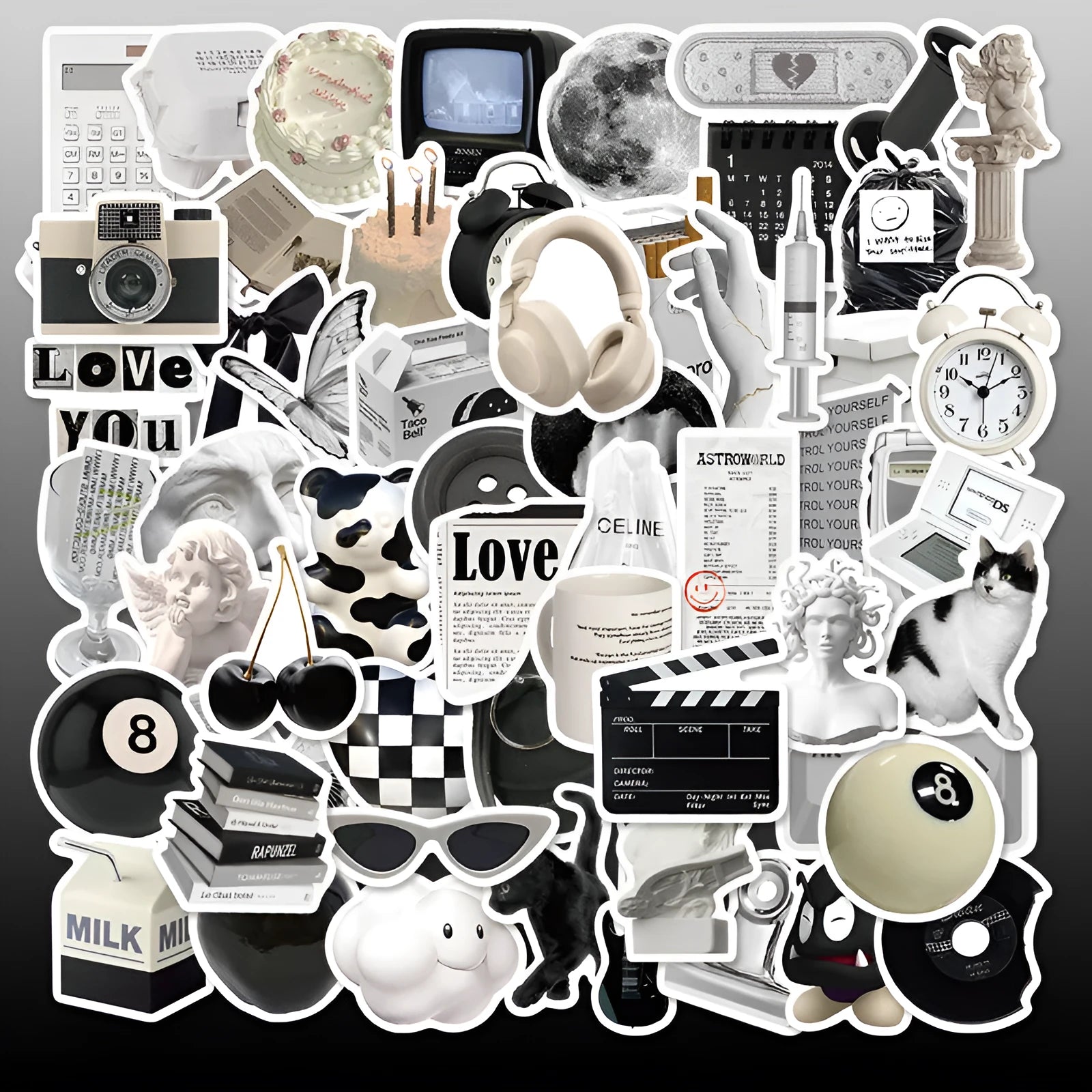 Set of 61 black and white waterproof PVC stickers for laptops, phones, luggage, and other personal items.