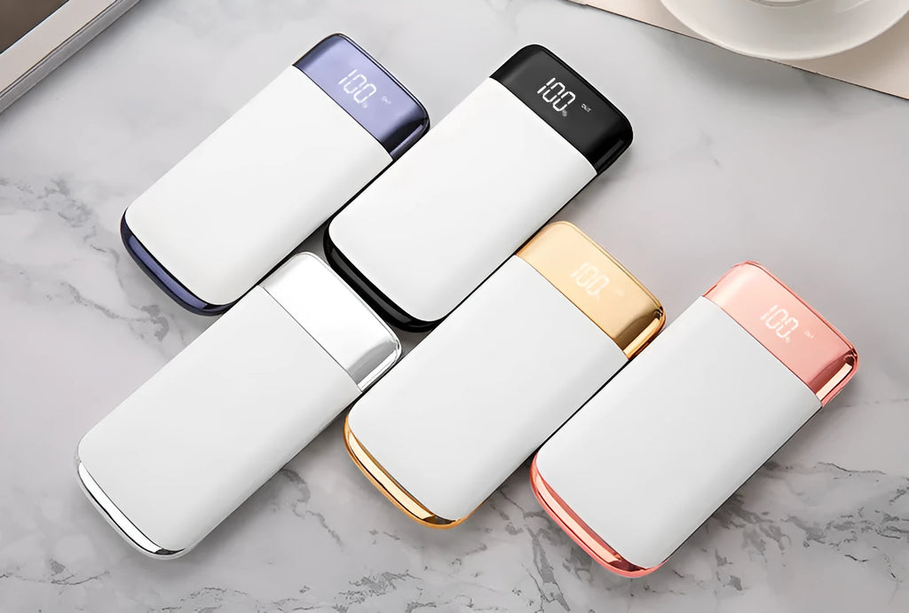 White plastic portable power bank with full screen display showing battery level, 10000mAh capacity