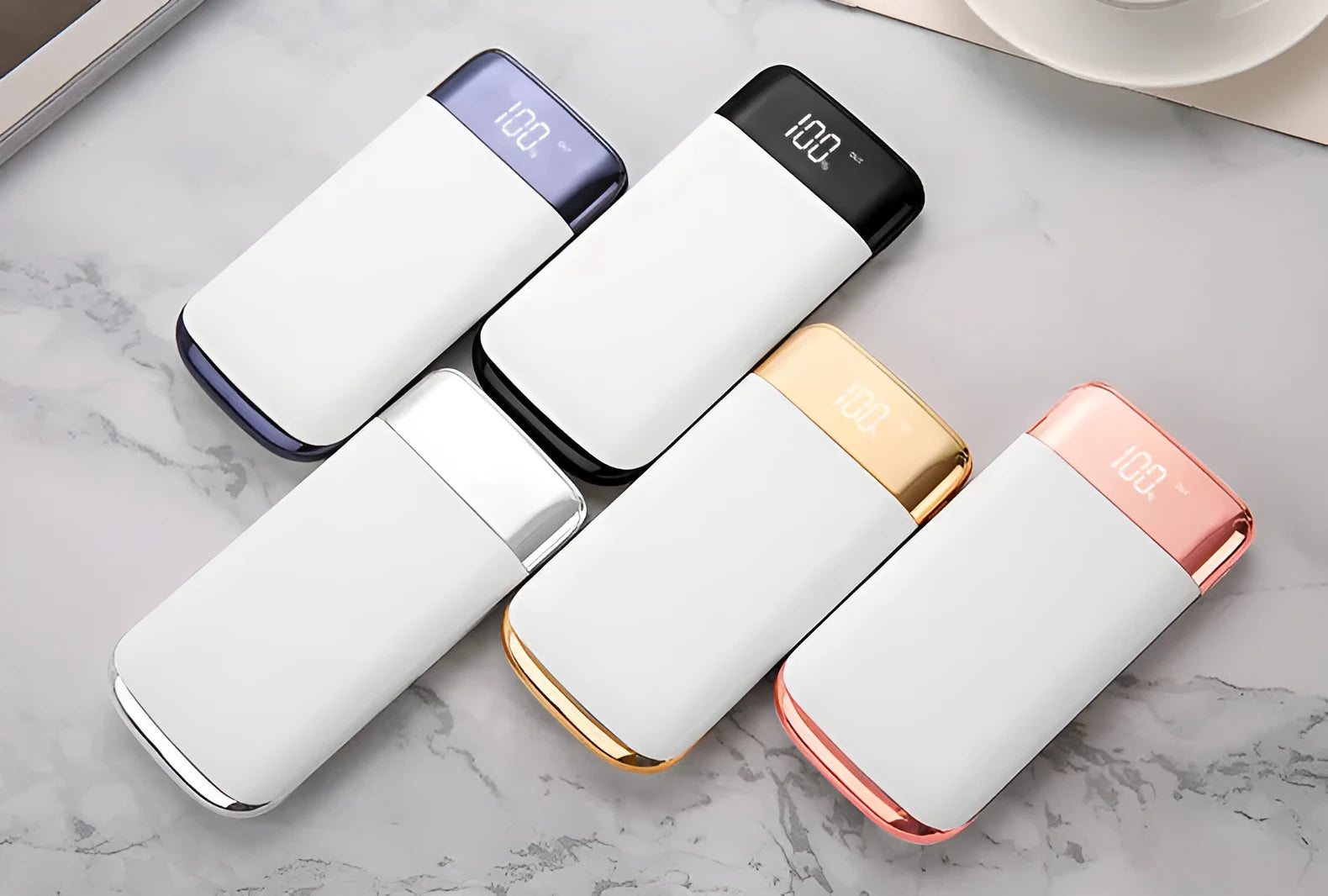 White plastic portable power bank with full screen display showing battery level, 10000mAh capacity