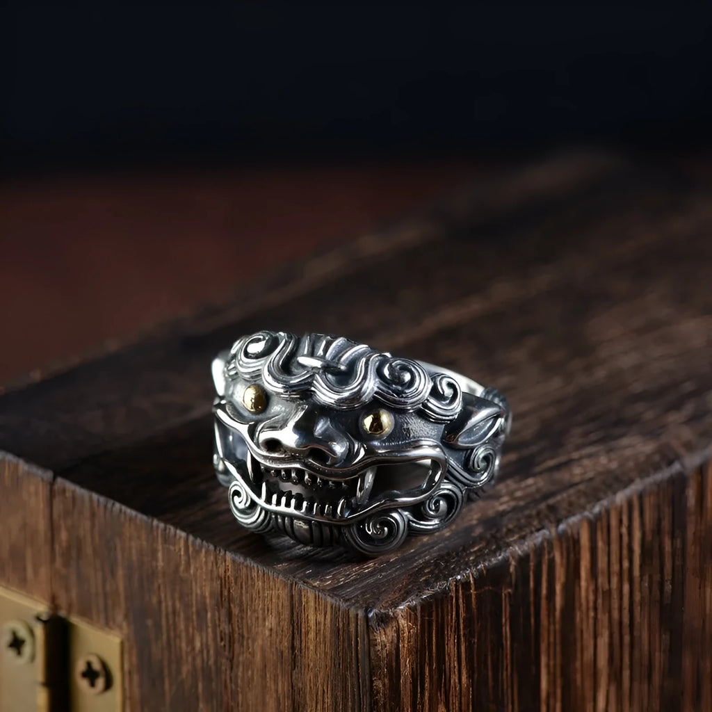 Silver open ring with detailed Jibeast pattern zodiac animal design and retro styling