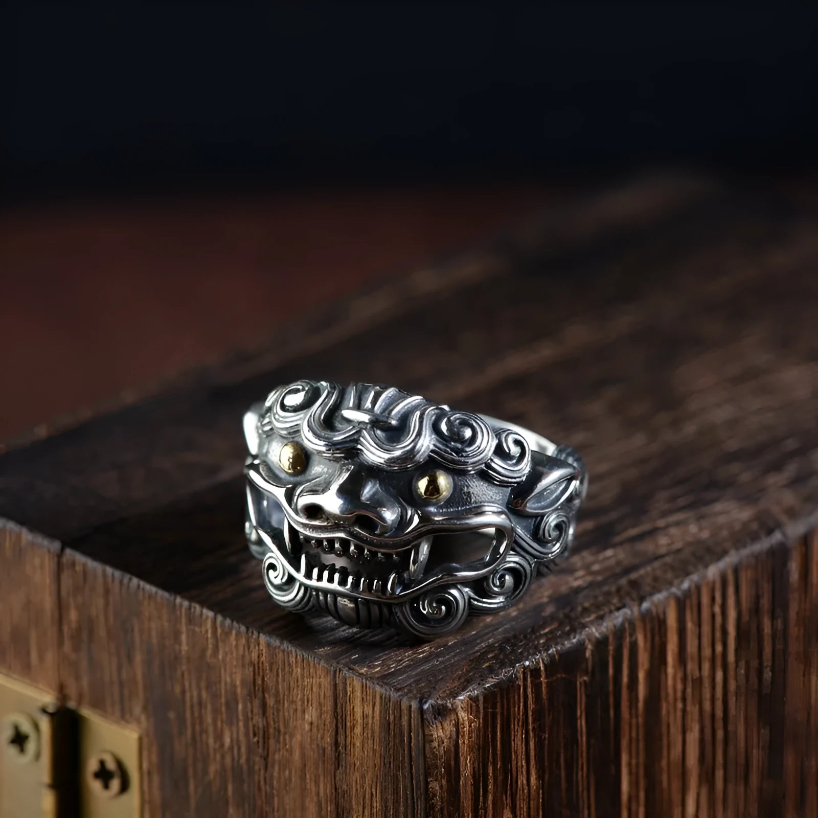 Silver open ring with detailed Jibeast pattern zodiac animal design and retro styling