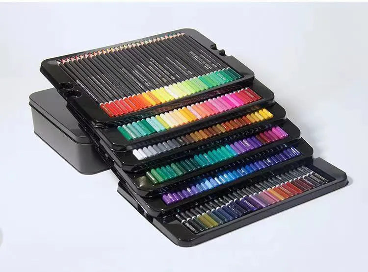 180-colour oil-based pencils with wooden casings and multi-colour brush pens in iron box