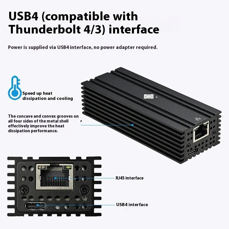 Black Leyu USB4 to 10 Gigabit Ethernet network adapter with RJ45 port and 20cm cable
