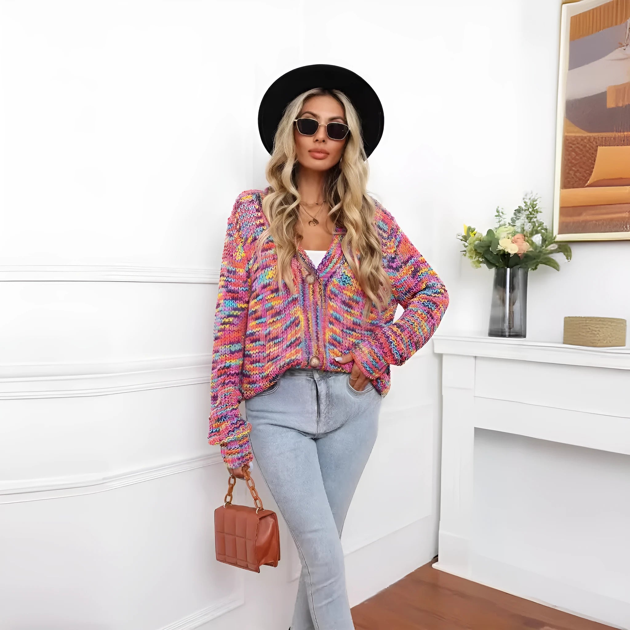 Rainbow mixed colour festival dyed short cardigan knitted coat with striped pattern