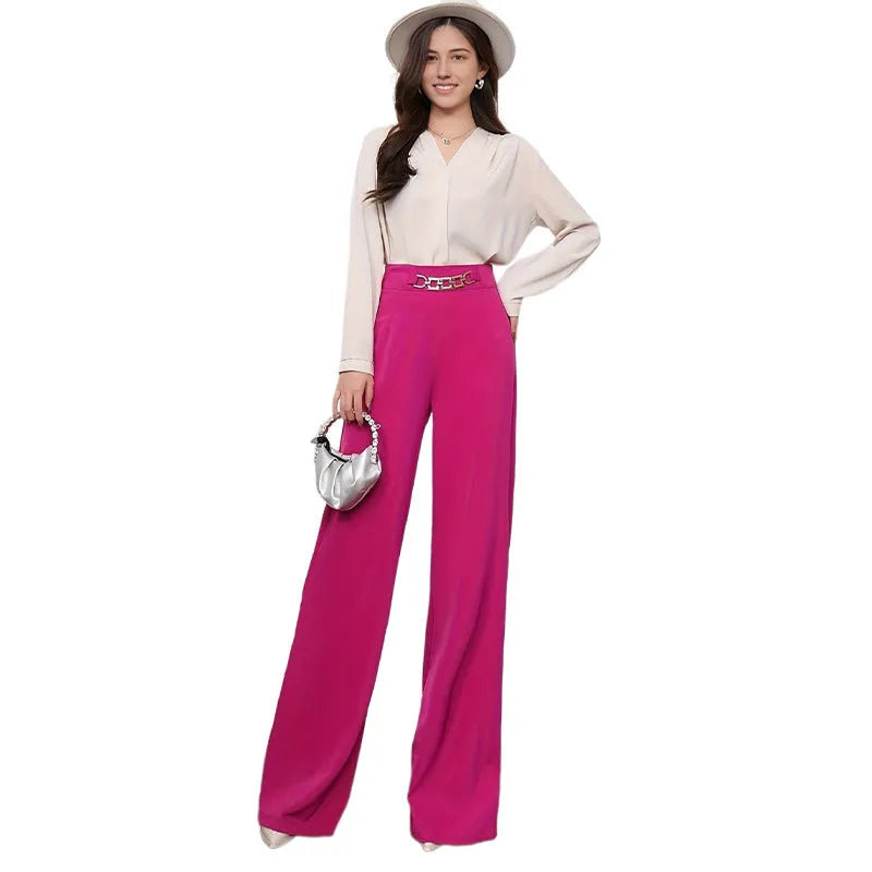 Solid colour drape wide leg pants for women in black, straight-leg style with micro elastic waist