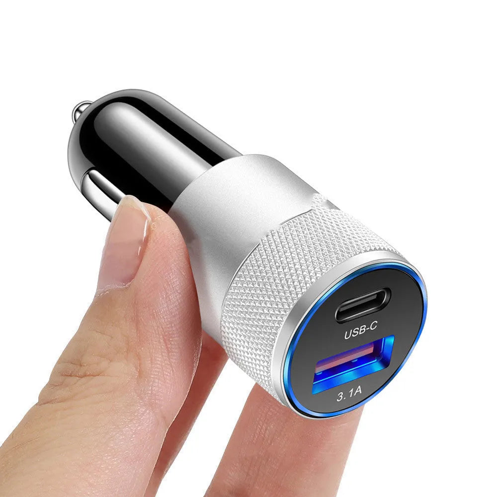 Aluminium alloy mobile phone car charger showing compact 2.5x6cm design