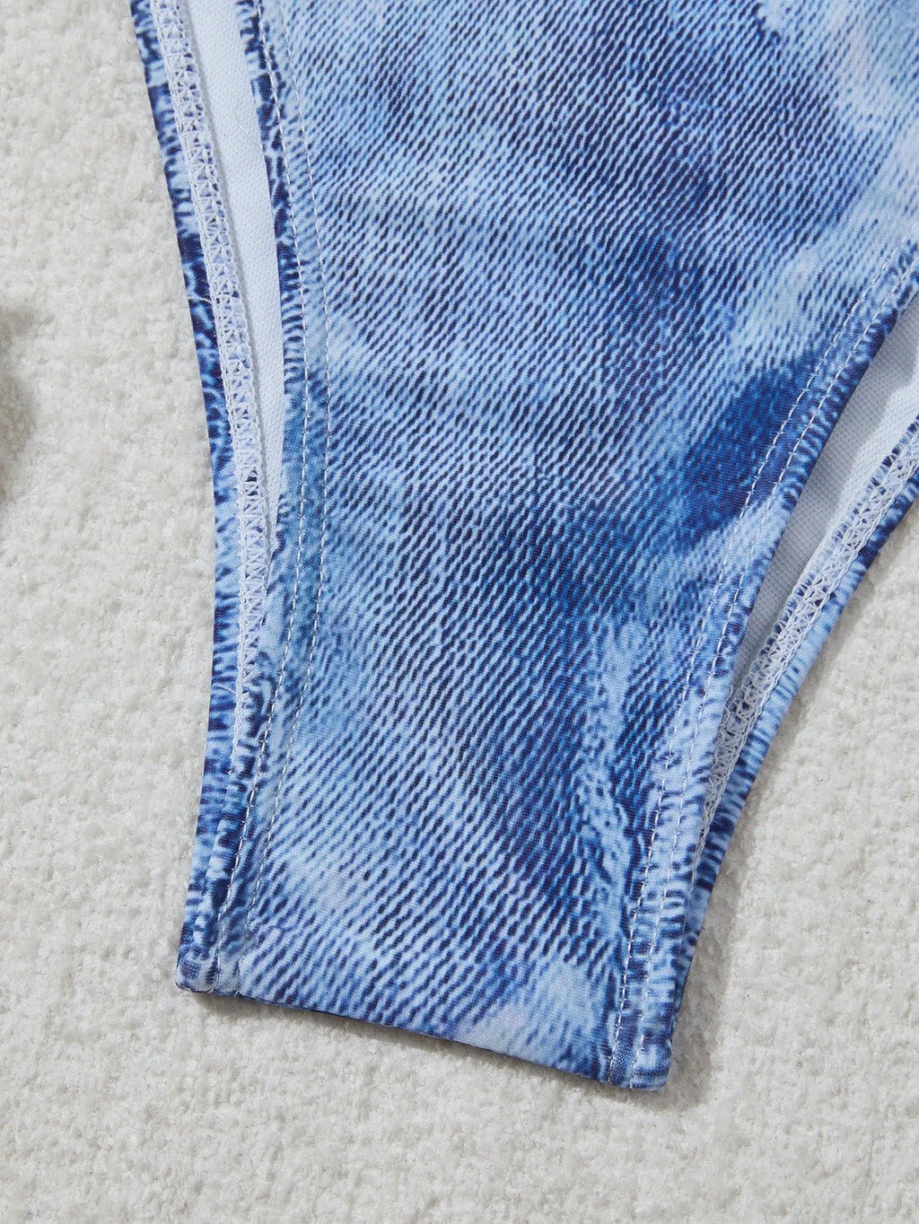 Women's denim blue printed bikini suit with strap detailing