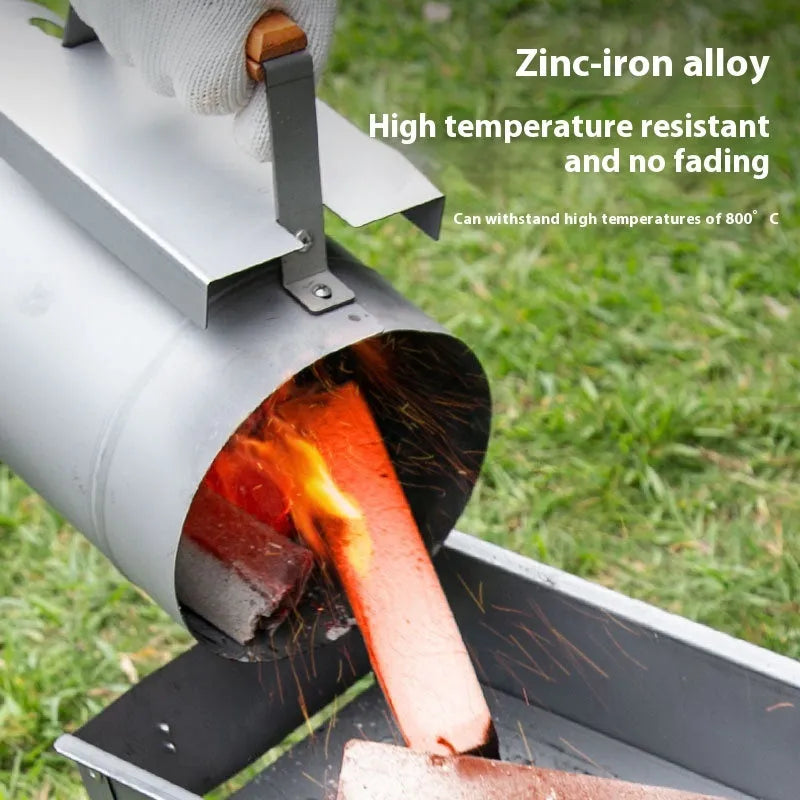 Zinc-iron alloy charcoal fire starter with point carbon barrel nozzle on a patio table