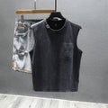 Men's solid black loose fit cotton sleeveless t-shirt with a straight hem.