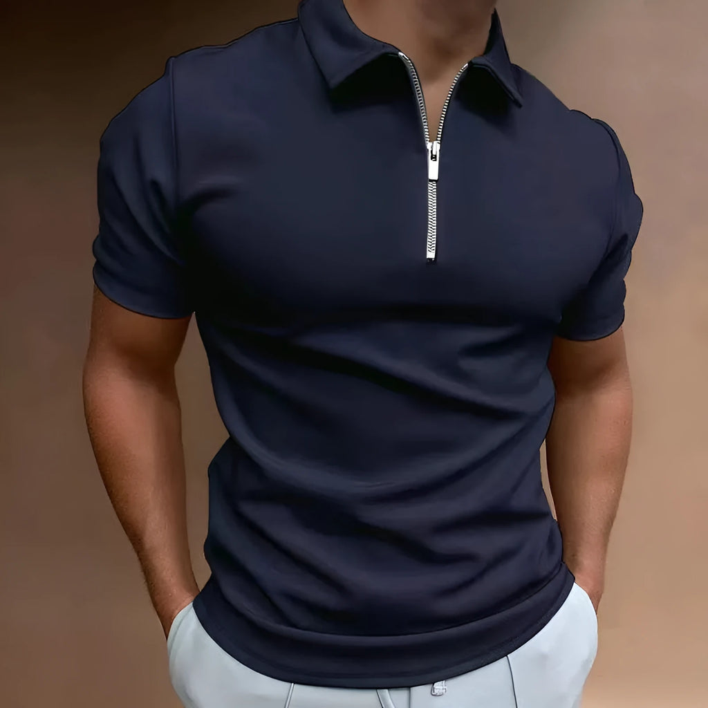Men's short sleeve polo shirt with a digital print pattern, shown in a loose casual fit.